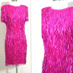 "Just such a Fun Stunning Dress this dress is pink and oh so fun!! With catail beads and sequins..this is just a fun dress to wear! I see no flaws, Very good to Excellent condition Measuring: 37\" long Bust: 36\" Waist: 30\" Hip: 36\" Shake shimmer and shine!! Pet Free/smoke free Enjoy!" Pink Embellished Mini Dress For Wedding, Pink Party Season Evening Dress, Embellished Short Sleeve Party Dress, Pink Sequin Evening Dresses, Festive Pink Embellished Dress, Glamorous Pink Sequin Evening Dress, Pink Sequin Dress For Holiday Party, Glamorous Pink Sequin Dress For Evening, Pink Embellished Mini Dress