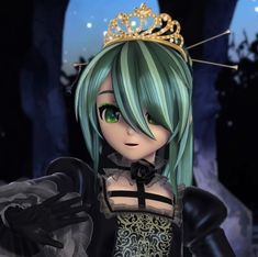 an anime character with green hair wearing a tiara