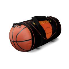 an orange and black basketball bag sitting on top of a white floor