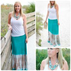 This Gorgeous Jade & Sea-Shell Peach Tie Dye Maxi Skirt is already a summer favorite for sure! Match it with our White Racer-back Tank Top and Starfish Necklace! #tiedye #mermaid #turquoise #coral #starfish #maxi #skirt #spring #summer #outfit Tie Dye Maxi Skirt Outfit, Striped Skirt Outfit, Maxi Skirt Spring, Mermaid Maxi Skirt, Peach Tie, Skirt Beach, Tie Dye Maxi Skirt, Starfish Necklace