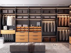 a walk in closet filled with lots of drawers and shelves next to a bench on top of a carpeted floor