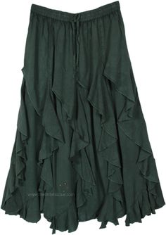 An uber cool bohemian forest fairy skirt with a unique look in a beautiful deep green color. A fully flared skirt, the tiers are curved, which gives it flow. #tlb #Stonewash #XLPlus #Solid Green Bohemian Gathered Skirt, Bohemian Green Gathered Skirt, Bohemian Long Skirt With Layered Hem, Green Tiered Skirt For Festival, Green Flowy Bottoms, Green Flowy Bohemian Maxi Skirt, Green Flowy Skirted Bottoms, Green Ruffled Tiered Skirt, Green Tiered Skirt With Ruffles