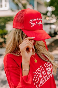 - Give your game day look a playful finishing touch with this adorable trucker hat! Whether you're tailgating with friends or watching the game from the comfort of your couch, it adds a pop of personality to your look. Keep it cool, casual, and spirited with this must-have game day essential! - Fun embroidered 'you had me by halftime' lettering across the front - Seamless foam front panel with breathable mesh backing - Adjustable snap closure Fun Red Snapback Trucker Hat, Fun Red Trucker Hat, Fun Red Snapback Baseball Cap, Fun Red Snapback Hat With Curved Brim, Fun Red Curved Brim Snapback Hat, Trendy Red Trucker Hat With Letter Print, Fun Red Trucker Hat With Letter Print, Red Letter Print Snapback Trucker Hat, Red Trucker Hat With Letter Print