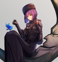 a woman sitting on top of a bird next to a blue bird