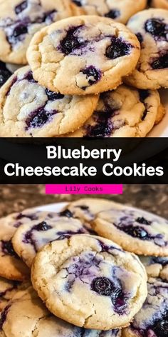 blueberry cheesecake cookies stacked on top of each other with the title above it