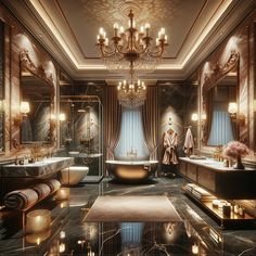 a luxurious bathroom with chandelier, bathtub and double sinks