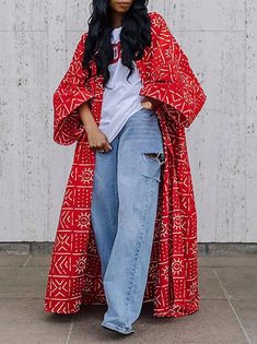 Wardrobe Change, Boho Mode, Mode Kimono, Baggy Style, Maxi Coat, Ethnic Print, Long Kimono, Red Coat, Printed Cardigan