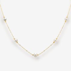 Embellish your look with our pearl station bead-it necklace! This stylish piece features freshwater white pearls tucked between gold beads and linked with gold chain segments. Wear this with any of our Bead It Collection pieces for a trendy and fun look Fresh Water Pearls: 4-4.5mm Gold Beads: 2mm 18K Yellow Gold Length: 18 Inches Affordable Gold Necklace With Faceted Beads, Cheap Single Strand Pearl Necklace For Party, Cheap Pearl Chain Necklace For Party, Affordable Pearl Chain Necklace For Party, Affordable Metal Pearl Necklace For Parties, Cheap Gold Beaded Necklaces For Formal Occasions, Cheap Party Necklace With Round Beads, Elegant Affordable Beaded Necklaces For Weddings, Affordable Pearl Necklaces With Dangling Beads