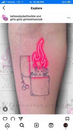 a small tattoo with a lighter and scissors on the side of someone's leg