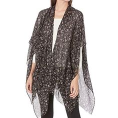 Chaps Floral Coverup Shaw Shirt Top One Size - Soft Light Flowy New With Tags! One Size 0413 Black Tops For Fall Daywear, Black Tops For Daywear In Fall, Spring Festival Shawl Cover-up, Bohemian Black Short Sleeve Cover-up, Spring Beach Cover-up Poncho Shawl, Bohemian V-neck Floral Print Cover-up, Chaps Sweater Woman, Women's Chaps, Shrug Sweater