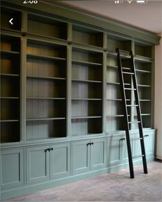 a ladder is leaning against the wall in a room with built - in bookshelves