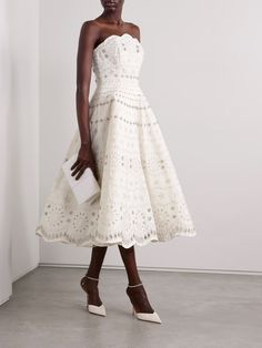 OSCAR DE LA RENTA Strapless crystal-embellished broderie anglaise faille midi dress | NET-A-PORTER White Strapless Midi Dress For Evening, Luxury White Midi Wedding Dress, Luxury White Midi Dress For Wedding, Elegant Strapless Embellished Midi Dress, Luxury White Dress With Sweetheart Neckline, Strapless White Midi Dress For Gala, White Strapless Midi Dress For Gala, Luxury White Midi Length Dresses, Luxury White Midi Dress For Gala