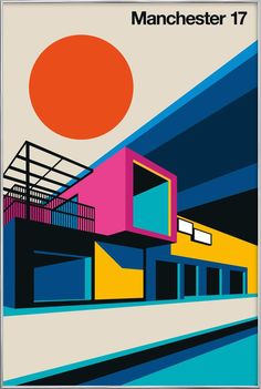 a poster with an orange sun in the background and a pink building on the other side