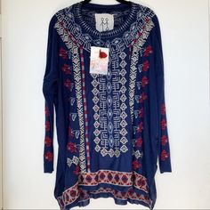 Brand New With Tags. Knit Long Sleeve Navy Blue Embroidered Top. Super Soft Material For A Cozy Feel. Size Small Blue Embroidered Sweater For Spring, Long Sleeve Knit Tops With Floral Embroidery, Knit Long Sleeve Tops With Floral Embroidery, Knit Tops With Floral Embroidery And Long Sleeves, Blue Long Sleeve Sweater One Size, Blue Embroidered Long Sleeve Sweater, Blue Embroidered Sweater For Fall, Embroidered Blue Sweater For Fall, Blue Jacquard Knit Tops