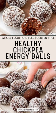 healthy chickpea energy balls on a plate with text overlay that reads, whole food oil - free gluten - free healthy chickpa energy balls