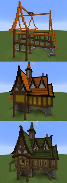 four different types of wooden structures in the same style and color, each with an orange roof