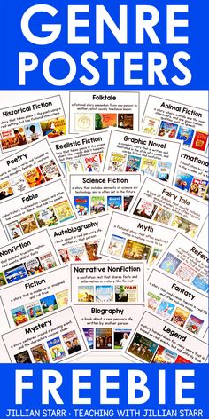 a poster with the words genre posters freebie on it and pictures of children's books