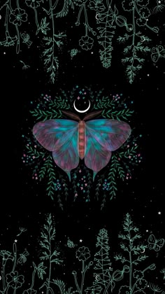 a blue butterfly sitting on top of a black background with stars and moon in the sky