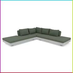 a large sectional couch with pillows on the top and bottom corner, in front of a white background