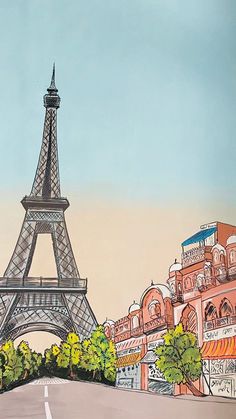 a painting of the eiffel tower in paris with trees and buildings around it