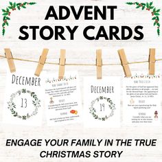 christmas story cards hanging on clothes pins with the words,'engage your family in the true