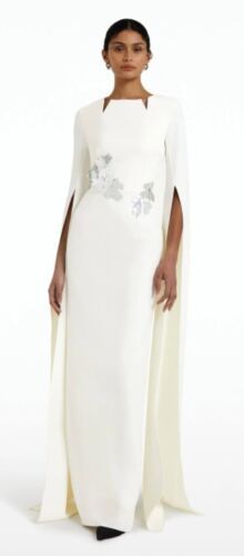 Safiyaa Designer "Talin" Embroidered Long Evening Dress, US Size 12 | eBay Evening Dress With Embroidery And Cape Sleeves, Evening Dress With Embroidered Cape Sleeves, Embroidered Evening Dress With Cape Sleeves, Embroidered Formal Dress With Cape Sleeves, White Embellished Dress With Cape Sleeves, Embroidered Evening Dress For Formal Occasions, White Embroidered Dress With Cape Sleeves, Embroidered White Evening Gown, White Embroidered Evening Gown