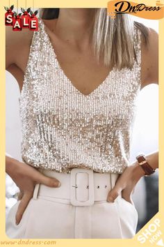 V Neck Sequins Camisole Vest Tops Women, V Neck Tank Top, Summer Tank Tops, Loose Blouse, Looks Chic, Mua Sắm, Sequin Top, Look Chic, Outfits Casuales