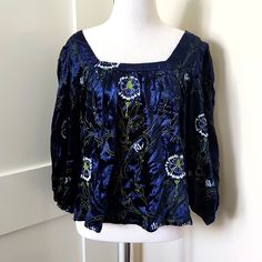 Nwt Anthropologie Blue/Green/White Velvet Boat Neck Long-Sleeved Flowy Blouse. Size Xs. Floral Embroidery Pattern. Incredibly Soft. Never Been Worn. Make Me An Offer Or Ask Me More Questions Below! Blue Silk Blouse With Blouson Sleeves, Blue Long Sleeve Silk Top, Blue Fitted Silk Tops, Fitted Silk Blue Tops, Fitted Blue Silk Tops, Blue Silk Long Sleeve Top, Silk Long Sleeve Tops With Floral Embroidery, Blue Silk Long Sleeve Blouse, Blue Silk Blouse For Fall