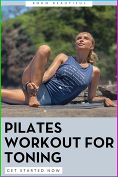 a woman sitting on the ground with her legs crossed in front of her body and text that reads pilates workout for toning get started now