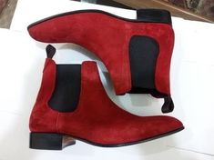 Red Suede Chelsea Boots for Men Slip on Leather Boots