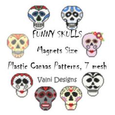 a bunch of skulls with different colors and designs on the front, one skull has been drawn