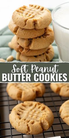 soft peanut butter cookies stacked on top of each other with a glass of milk in the background