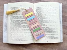 a bookmark that has been placed on top of an open book with words written in it