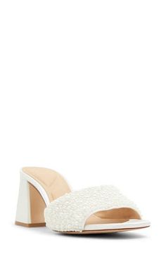 Elevate your warm-weather looks with this square-toe slide sandal lofted by a bold block heel. 3" heel Textile and synthetic or leather upper/leather lining/rubber sole Imported Homecoming Heels, Dress Sandals Flat, Dress Mules, White Block Heels, Chloe Sandals, Bridal Wedding Shoes, Trending Sneakers, Ted Baker London, Heel Sandal