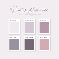 the shades of lavender are shown in four different colors, including pink and greys