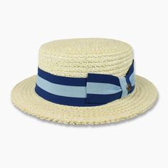 White Boater Hat With Flat Crown For Spring, White Straw Hat For Spring With Flat Crown, White Boater Hat With Flat Crown For Summer, Vacation Boater Hat With Ribbon And Short Brim, Brimmed Straw Hat With Ribbon For Summer, Summer Fedora Straw Hat With Ribbon, Kentucky Derby Boater Hat With Ribbon, Kentucky Derby Boater Hat With Ribbon For Garden Party, Flat Brim Boater Hat With Ribbon For Beach