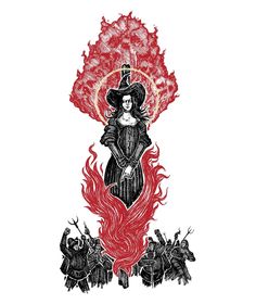 a drawing of a woman with fire coming out of her head, surrounded by other people