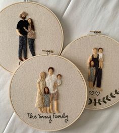 three embroidery hoop paintings depicting family members and the words, the young family on them