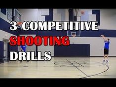 three competitive shooting drills for the basketball player in blue shirts and black shorts, with text overlay that reads 3 competitive shooting drills