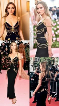 Black And Gold New Years Outfit, Black Dress Gold Chain, Vintage Versace Dress 90s, Md Aesthetic, Chanel Black And Gold Dress, Versace Black Dress Runway, Versace Dress Black Gold Chain, Met Gala Dresses, Chain Dress