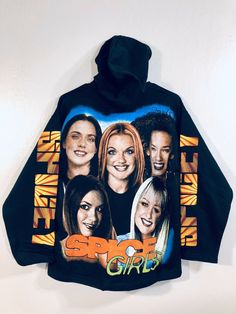 Vintage Deadstock Spice Girls Hoodie Rare! Size Small 90s y2k. Shipped with USPS Priority Mail. Insanely dope piece very rare! The graphics are very vibrant. The hoodie is soft and I would recommend not machine washing it. Tagged as a size Small. Measurements are approximately: Pit to pit 21.5” Back of neck hem to bottom hem 25” I will ship fully insured with signature confirmation. Cheap 90s Style Hooded Hoodie, 90s Style Hooded Sweatshirt With Drawstring, 90s Black Winter Hoodie, 90s Hooded Graphic Print Sweatshirt, 90s Black Graphic Print Hoodie, Girls Hoodie, Twilight Film, Hoodie Girl, Spice Girls