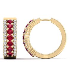 Introducing our exquisite ruby and diamond hoop earrings, a perfect blend of elegance and sophistication. Crafted with precision, these earrings feature lustrous rubies and dazzling diamonds set in a timeless hoop design. The vibrant red hue of the rubies adds a touch of allure, while the sparkling diamonds enhance their brilliance. Metal: 14K Gold Setting Type: Prong Rhodium Finish: Yes, on White Gold Gemstone Details: Gemstone: Ruby Shape: Round Average Dimensions: 2.50 MM Quantity: 14 Average Red Round Hoop Earrings Fine Jewelry, Luxury Diamond Earrings With Prong Setting, Elegant Ruby Hoop Earrings For Anniversary, Fine Jewelry Red Hoop Earrings, Elegant Red Round Hoop Earrings, Red Hoop Fine Jewelry, Red Diamond Earrings With Prong Setting, Classic Red Diamond Earrings With Accents, Red Diamond Earrings For Anniversary