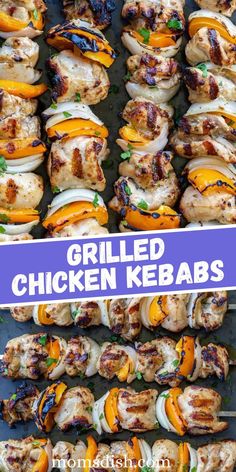 grilled chicken kebabs on skewers with orange peppers and onions in the background