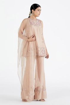 Shop for Megha Bansal Pink Silk Shyla Hans Embroidered Kurta Set for Women Online at Aza Fashions Short Kurta Set, Sheer Dupatta, Pink Kurta, High Waisted Flare Pants, Embroidered Hem, Kurta Set For Women, Short Kurta, Embroidered Motifs, Hem Pants