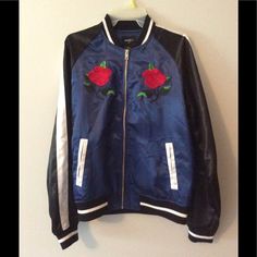 Excellent Condition. Never Worn W/Store Tags. Fabric Is 100% Polyester. It Is A Men's Jacket But A Woman Can Wear It Too. Embroidered Outerwear For Spring Streetwear, Fall Outerwear With Floral Embroidery, Embroidered Varsity Jacket For Spring Streetwear, Trendy Embroidered Varsity Jacket For Fall, Spring Embroidered Varsity Jacket With Long Sleeves, Embroidered Long Sleeve Varsity Jacket For Spring, Spring Embroidered Long Sleeve Varsity Jacket, Spring Hooded Outerwear With Floral Embroidery, Hooded Floral Embroidered Outerwear For Spring