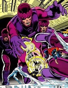 an image of a comic book cover with two men in purple outfits and one is holding a