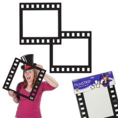 a woman in pink shirt and top hat holding up a film strip cut out from it's sides