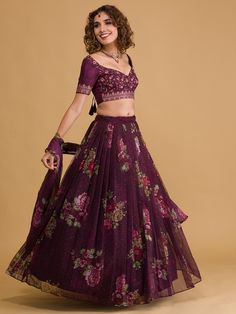 Introducing the stunning wine floral digital organza festival wear lehenga choli from Ethnic Plus! This exquisite ensemble is crafted with precision and attention to detail, making it the perfect choice for weddings and festive occasions like mehendi ceremonies. Let's delve into the benefits and key features of this gorgeous outfit.
The wine color of this lehenga choli exudes sophistication and adds a touch of glamour to your look. It is a timeless and elegant choice for any special event.This s Purple Organza Anarkali Set For Diwali, Purple Organza Choli For Diwali, Party Wear Purple Lehenga For Festivals, Purple Party Wear Lehenga For Eid, Purple Organza Choli With Pallu, Traditional Floral Print Lehenga For Party, Traditional Lehenga With Floral Print For Party, Purple Party Wear Lehenga For Festivals, Purple Floral Embroidered Lehenga For Eid