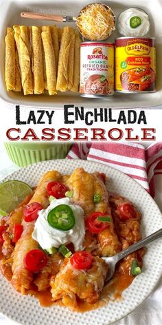 an enchilada casserole on a plate with sour cream and salsa