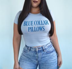 Blue collar pillows baby tee. *Model is a size 6 and wearing a medium.* BABY TEE - 52% cotton / 48% polyester - Bella + Canvas brand - Micro ribbed material - Form fitting but has lots of stretch Fitted Blue T-shirt With Text Print, Cute Fitted Blue T-shirt, Blue Cotton Soft-washed Top, Soft-washed Blue Cotton Top, Blue Fitted Cotton T-shirt, Fitted Blue Cotton T-shirt, Fitted Light Blue Cotton T-shirt, Light Blue Fitted Cotton T-shirt, Blue Cotton Tops With Text Print